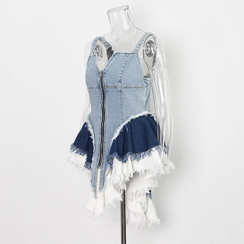 

Summer New Elegant Splice Denim Zipper Slim Tassel Irregular Short Streetwear Sexy High Waist Sleeveless Dress