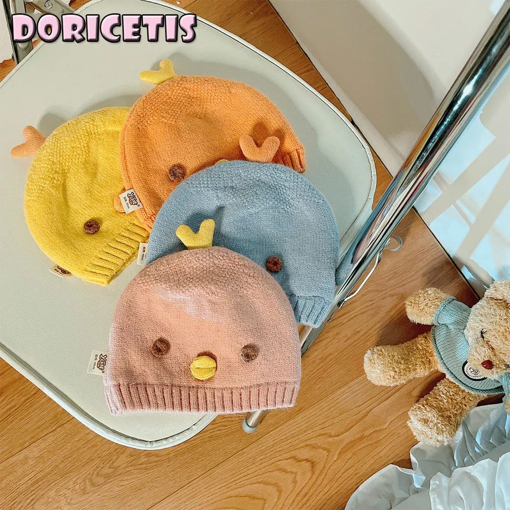 

Baby Hat Cute Cartoon Chick Pattern Solid Color Round Cap Baby Winter Go Out Cold Protection Keep Warm New Cotton Knitting Hat