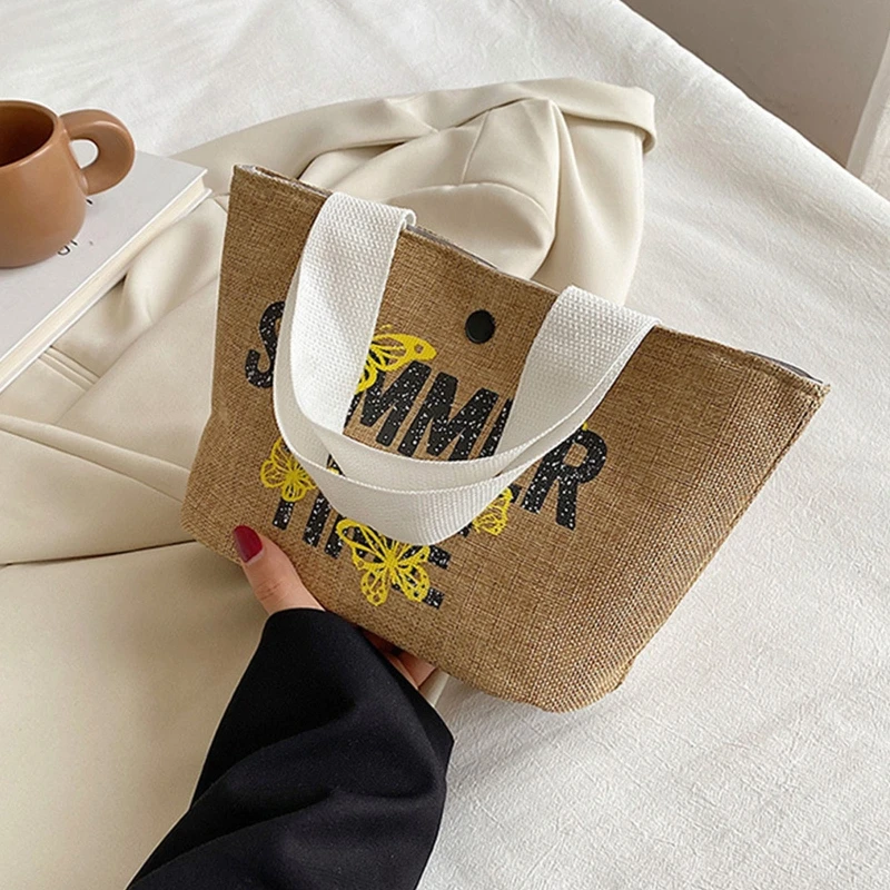 

All-match Letter Print Shoulder Bag Straw Basket Woven Bag Women Summer Beach Bag Handbag for Street Shooting
