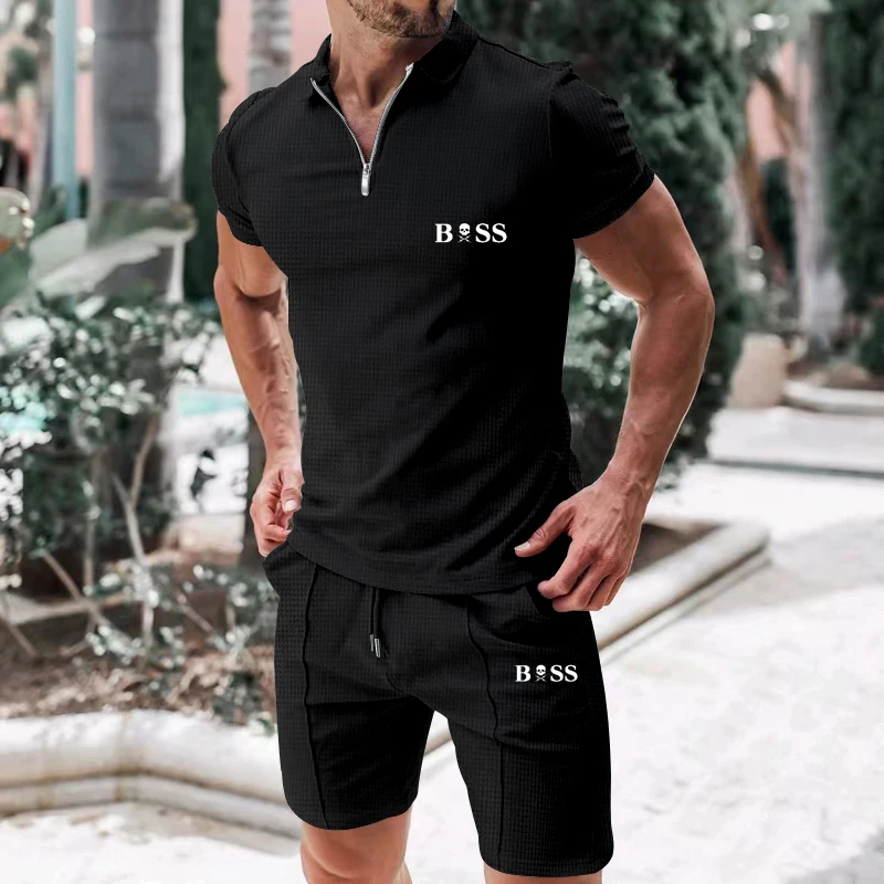 Men's Summer Heavyweight Waffle POLO Shirt Short Sleeve Zipper + Casual Sports Shorts High Quality Two-Piece Set