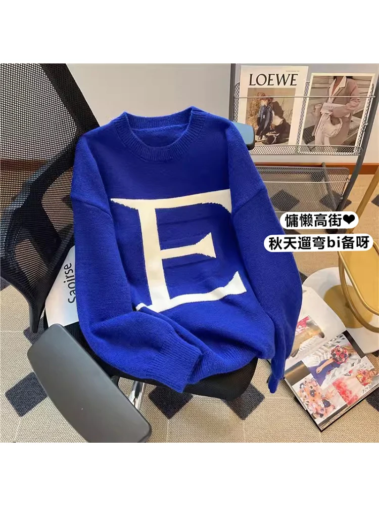 

Женский вязаный пуловер с принтом, синий свитер в стиле 90-х с длинным рукавом, свитер в Корейском стиле, джемпер, Топ Y2k, винтажная одежда, 2023