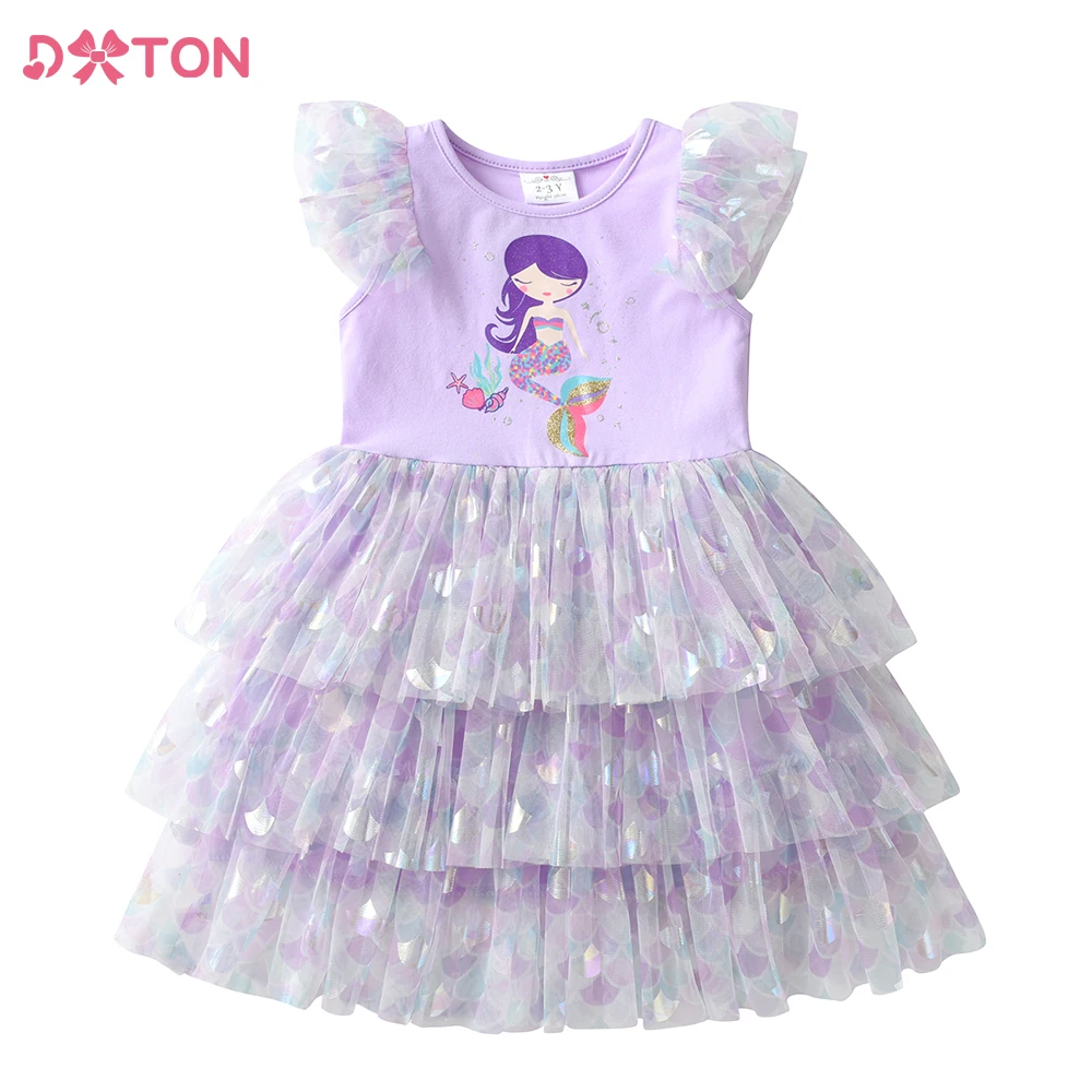 

DXTON Girls Summer Tutu Dress Kids Mermaid Print Cartoon Layered Dresses Girls Birthday Party Travel Beachwear Children Clothing