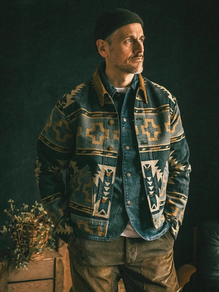 RRL 30th Anniversary Western Style Jacquard Heavy Washed Denim Jacket American Retro Coat Corduroy Collar