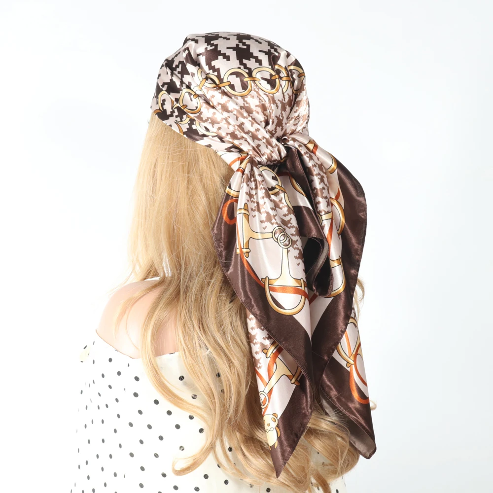 

Summer Fashionable Silk Head Scarf Women Hijab 90x90cm Bandeaux Foulard Satin Hair Scarver Bandana Pareo Femme