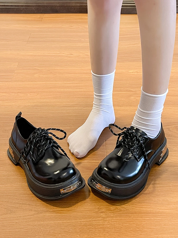 

Women Shoes Autumn Oxfords Casual Female Sneakers Loafers With Fur Black Flats Clogs Platform British Style Round Toe Fall Leath