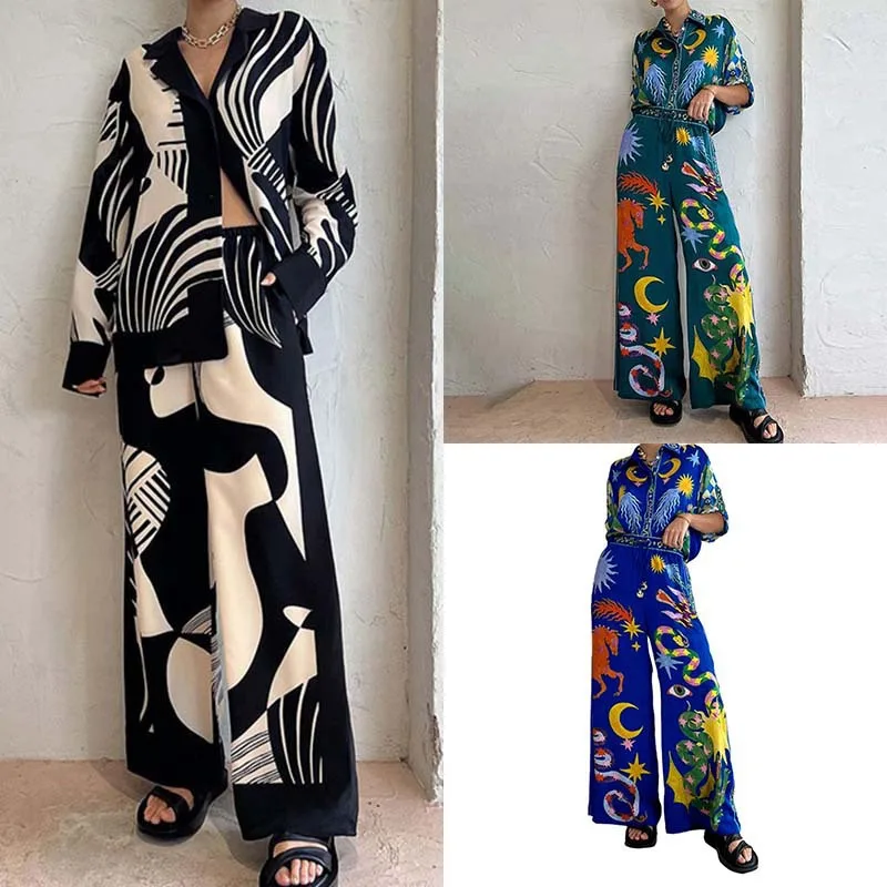 

2023 Spring Autumn Europe and America Fashion New Elegant Printed Long Sleeve Pants Casual Sexy Women Lapel Jacket Pants Suit