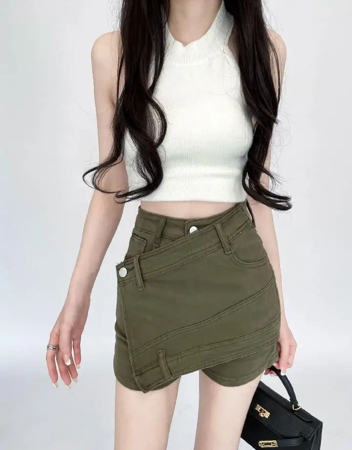 Women's Summer INS Spicy Girl A-line Pants Slim Fit High Waist Skirt Wide Leg Hot Pants High Quality Military Green Denim Shorts