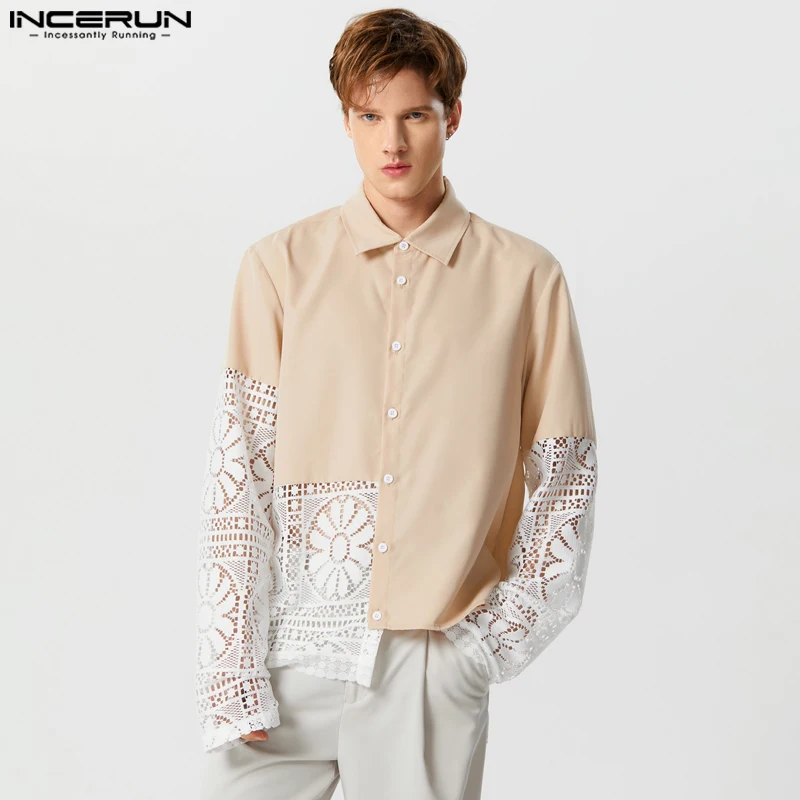 

Мужская Асимметричная рубашка INCERUN, кружевная Лоскутная прозрачная рубашка с отложным воротником и длинным рукавом, Мужская одежда, уличная одежда, свободная стильная Свободная рубашка 2023