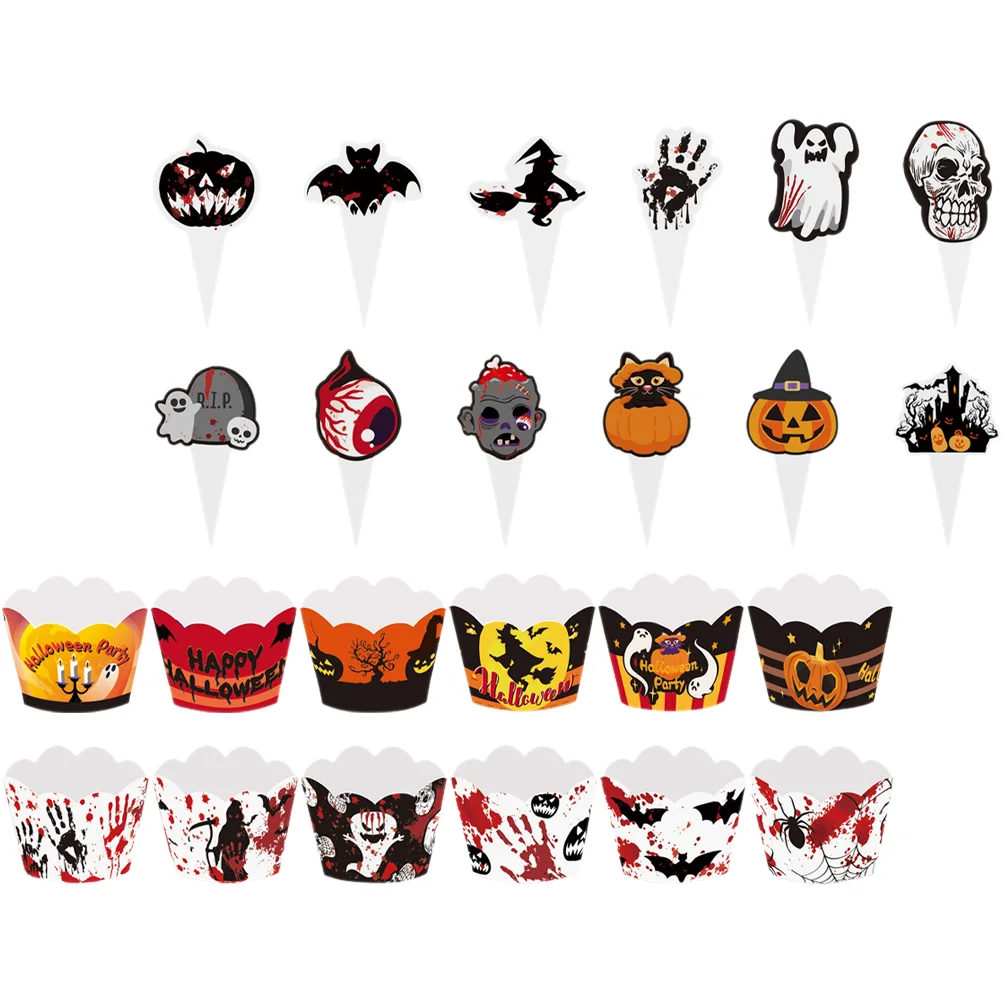 

12 Sets Cupcake Decor Halloween Picks Muffin Wrapper Party Dessert Theme Wrappers Paper Decorations