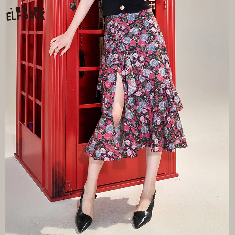 ELFSACK Ruffles Floral Skirts Women 2023 Spring Mid-length High Waist Elegant Bottom