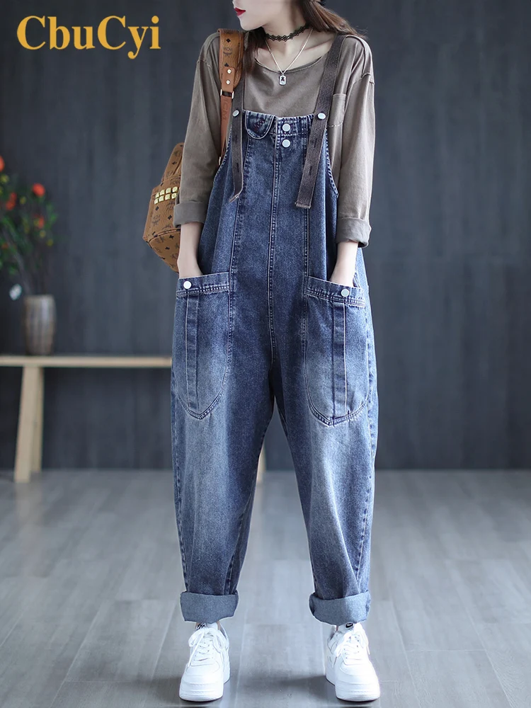 

2022 Women's age-reducing denim overalls women's autumn new retro plus size fat girls loose western style casual one-piece pants