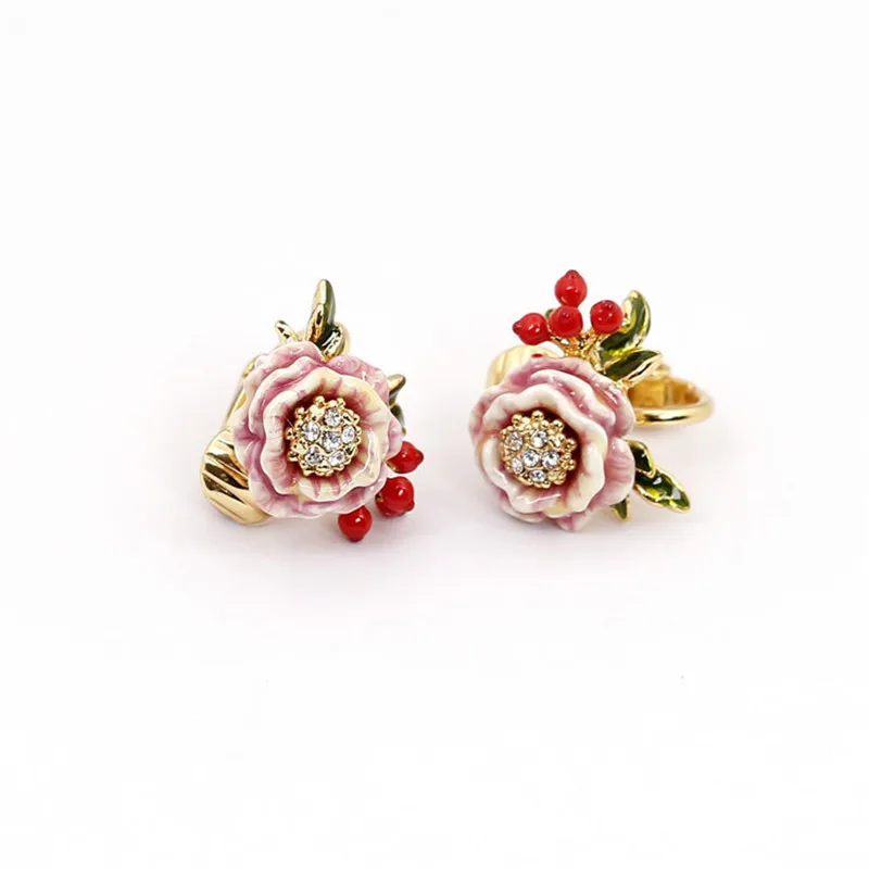 

Winter Monet Garden Series Pink Flower Red Fruit 925 Silver Needle Ear Studs Pastoral Style Fashion Ear Clips Without Ear Holes