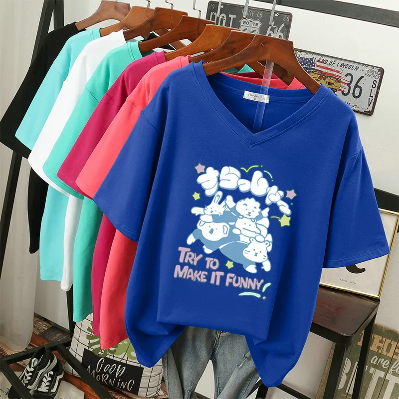 

DAYIFUN Oversized T Shirts 100% Cotton Plus Size T Shirt Summer Top Tees Letter Printed V Neck L-6XL Short Sleeve Tshirt Women