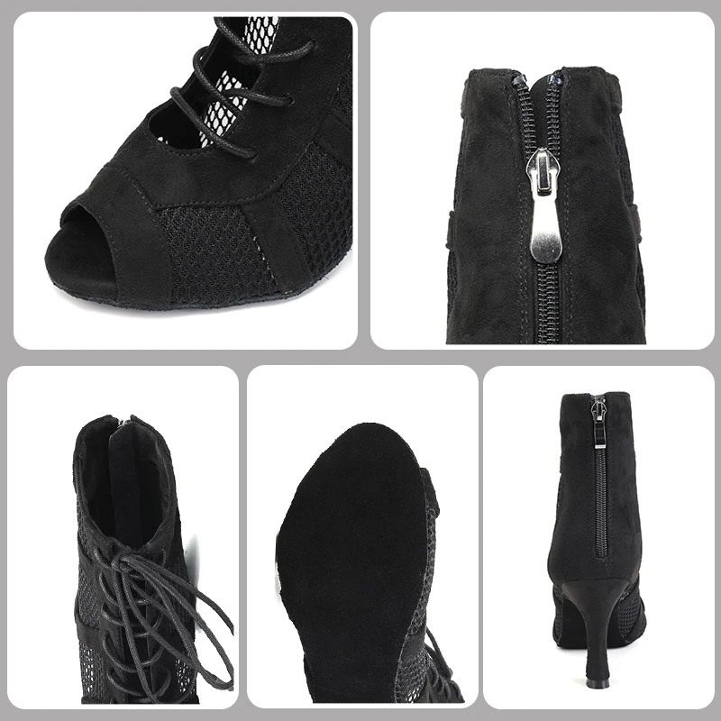SWDZM Cool Women's Short Boots Ballroom Dance Boots Girls Jazz Black Suede Sole Dance Shoes Net Boots Custom Heel Sandals