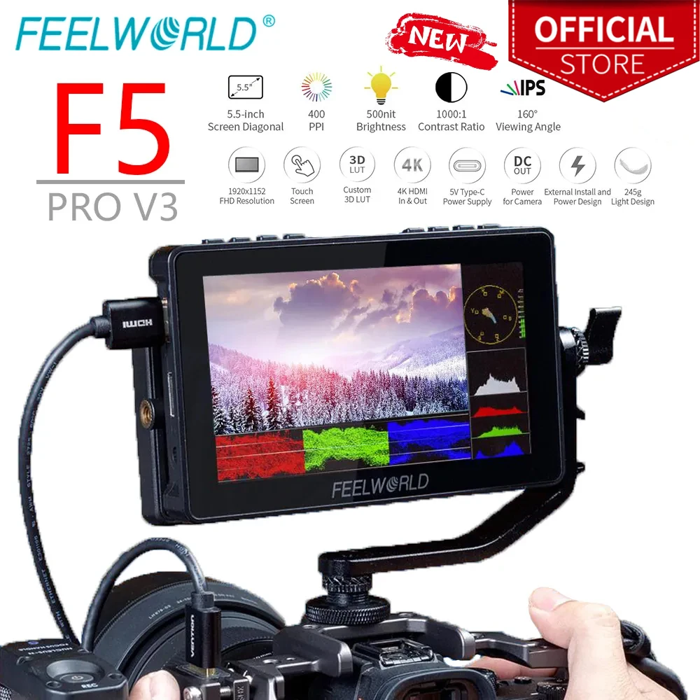 

FEELWORLD F5 Pro V3 5.5 Inch DSLR Camera Field Monitor 4K HDMI 3D LUT Touch Screen Input Output Wireless Transmission LED Light