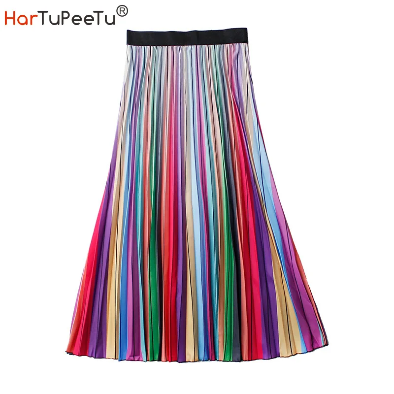 Rainbow Pleated Skirt Women Elastic High Waist 2023 Summer Chiffon Skirts Korean Style Colour Blocks Stylish Streetwear