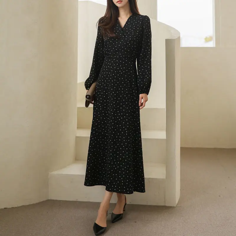 

Женское винтажное платье с цветочным принтом, длинное офисное платье в Корейском стиле ретро с высокой талией и воротником, повседневное об...