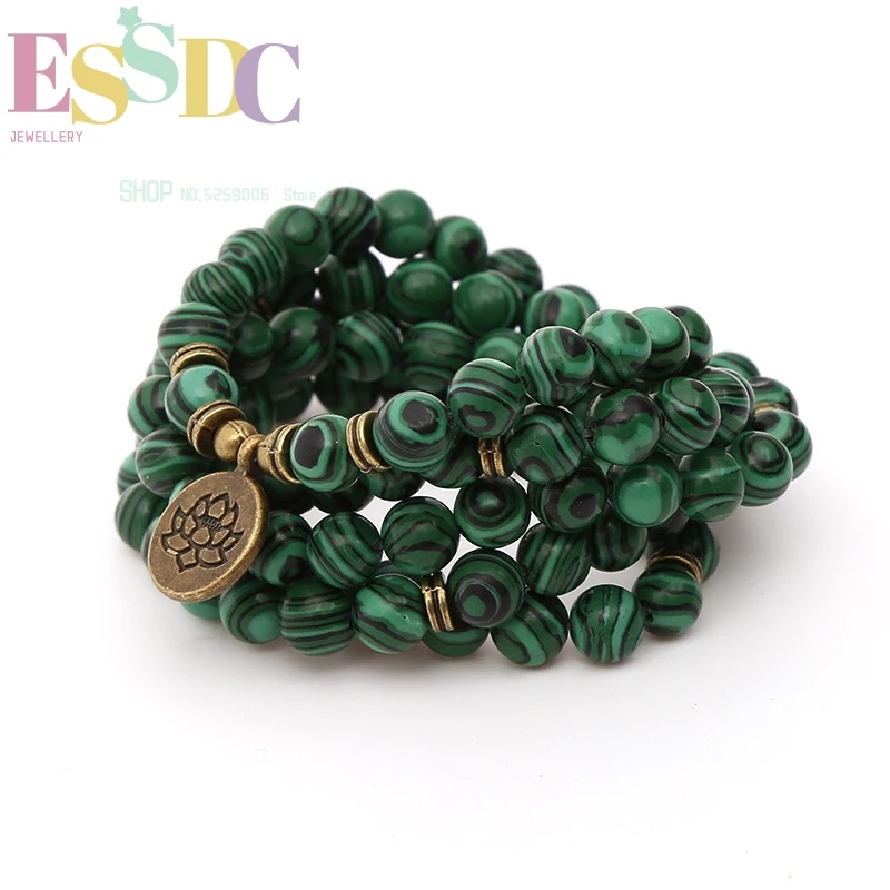 

Лидер продаж, 8 мм натуральный зеленый малахитовый камень, 108 мала, бусины с подвеской в виде лотоса, мужской или женский браслет