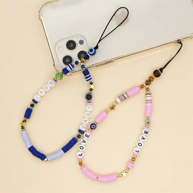 

Women Anti-Lost Lanyard Creative Colorful Gravel Fashion Geometric Letter Soft Pottery Natural Stone Beaded Anniversary Gift