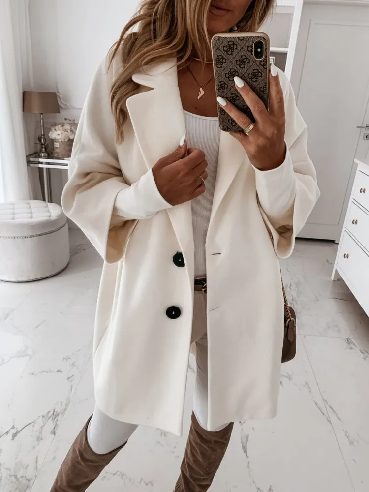 

Autumn Nine-point Sleeves Women Tweed Coats Lapel Single-breasted Button Office Lady Long Jackets Windbreaker Streetwear Coats