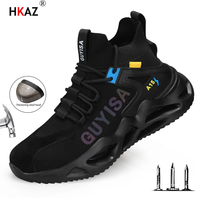 

HKAZ High Quality Men Shoes Breathable Lightweight Work Boots Steel Toe Cap Anti-smashing Indestructible Safety Shoes