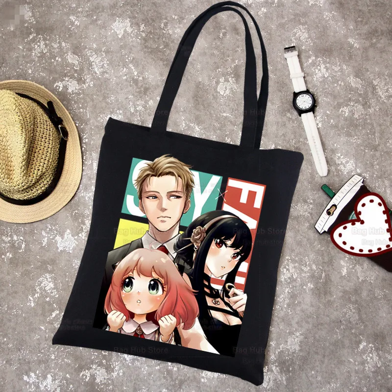 

Spy X Family Shopping Black Bags Canvas Tote Bag Reusable Anime Kawaii Anya Forger Cloth Bag SPYFAMILY Handbag Shoulder Bags