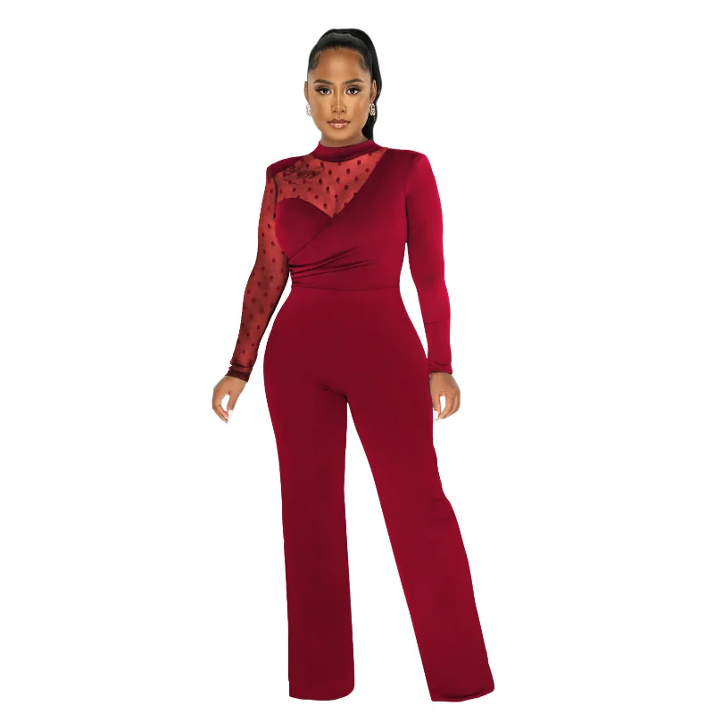 WSFEC 2022 Winter Sexy Party Jumpsuits Women Clothing African Dot Mesh Long Sleeve Bodycon Elegant Evening Bodysuit Dropshipping