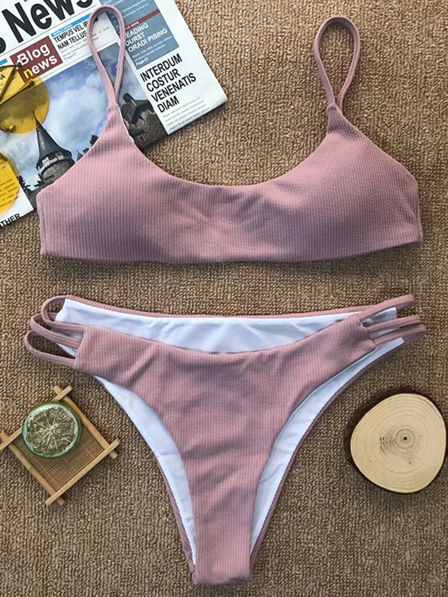 Ребристые бикини с высоким вырезом 2025 женский купальник комплект из двух частей