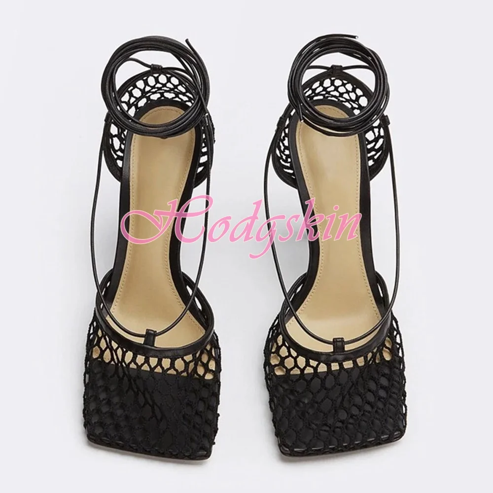 Square Toe Mesh Sandals Lace Up Solid Stiletto Heels Women Shoes Straps Summer Party Dress Designer Sandals New Style Hollow