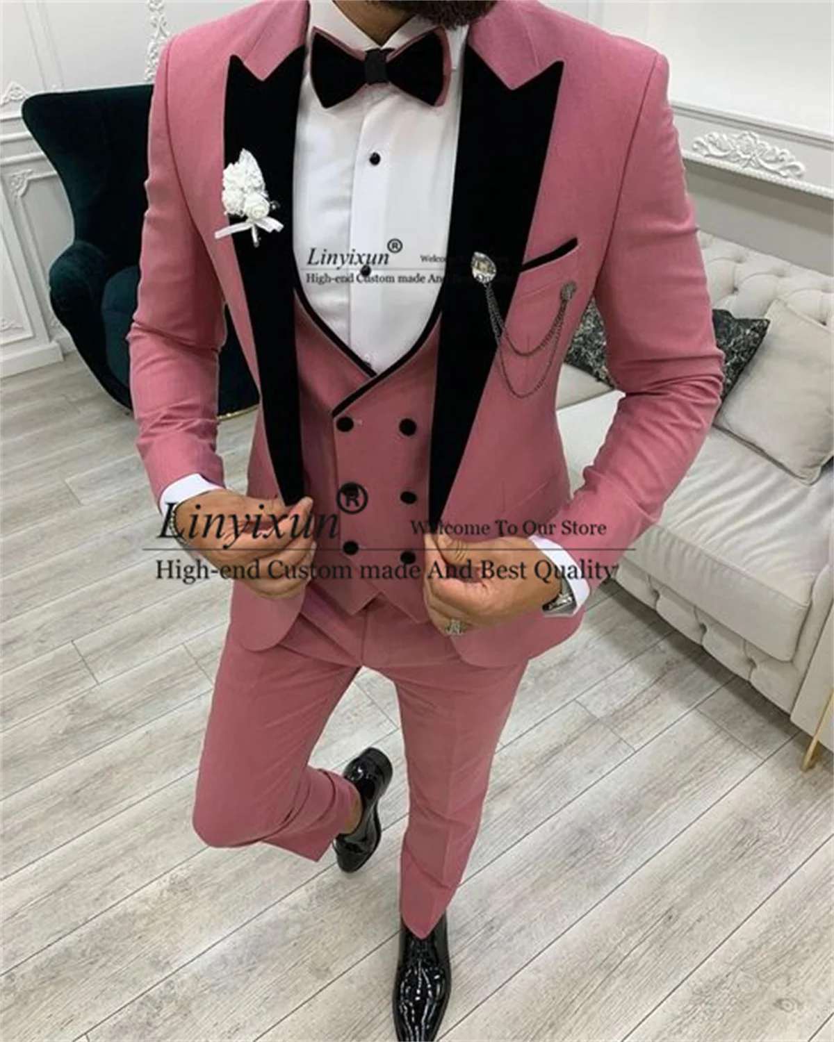 

2022 Pink Mens Suits Black Peak Lapel Wedding Groom Tuxedos 3 Pieces Set Double Breasted Waistcoat Prom Blazer Terno Masculino