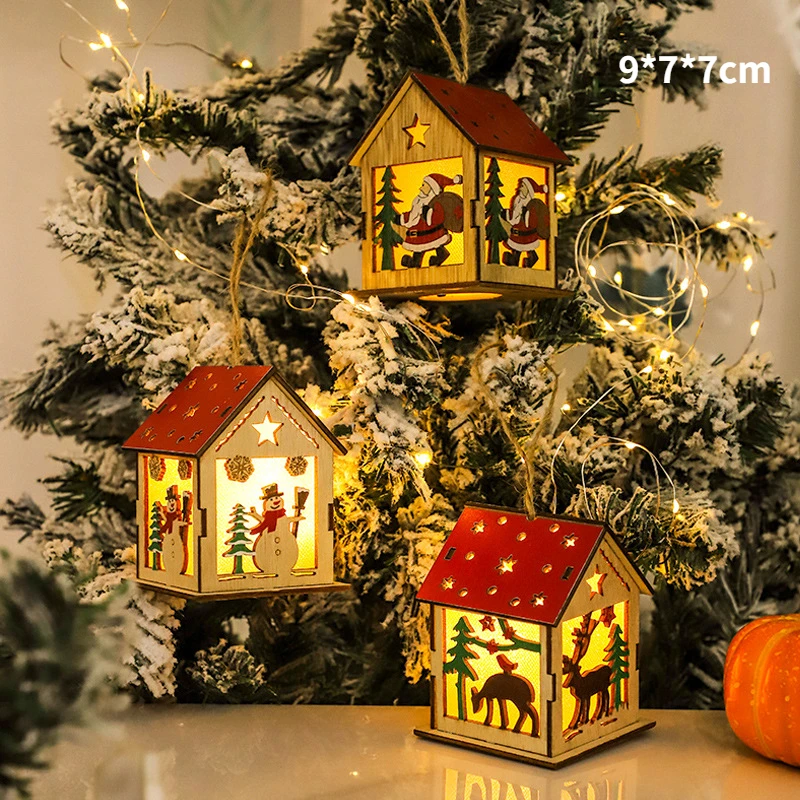 

Christmas Wooden House Pendant Ornaments Tree Decoration Luminous Santa Claus Snowman Elk Creative Holiday Merry Gift Kids Toys