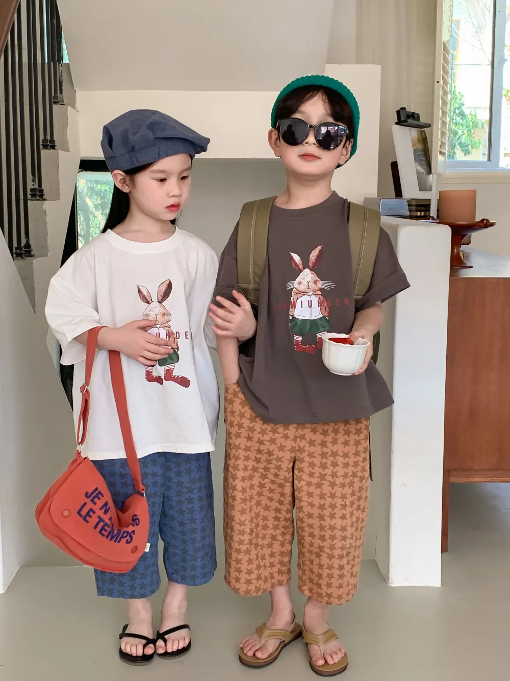 

2023 Summer New Boys Girls Korean Cartoon Rabbit Print Short Sleeve T-shirt Children Breathable Casual Tees Kids Toddler Clothes