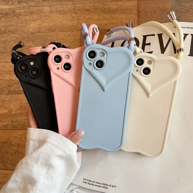 

3D Love Heart Crossbody Lanyard Shockproof Silicone Cover Strap Cord Soft Case For iPhone 14 13 12 11 Pro Max XS XR X 7 8 Plus