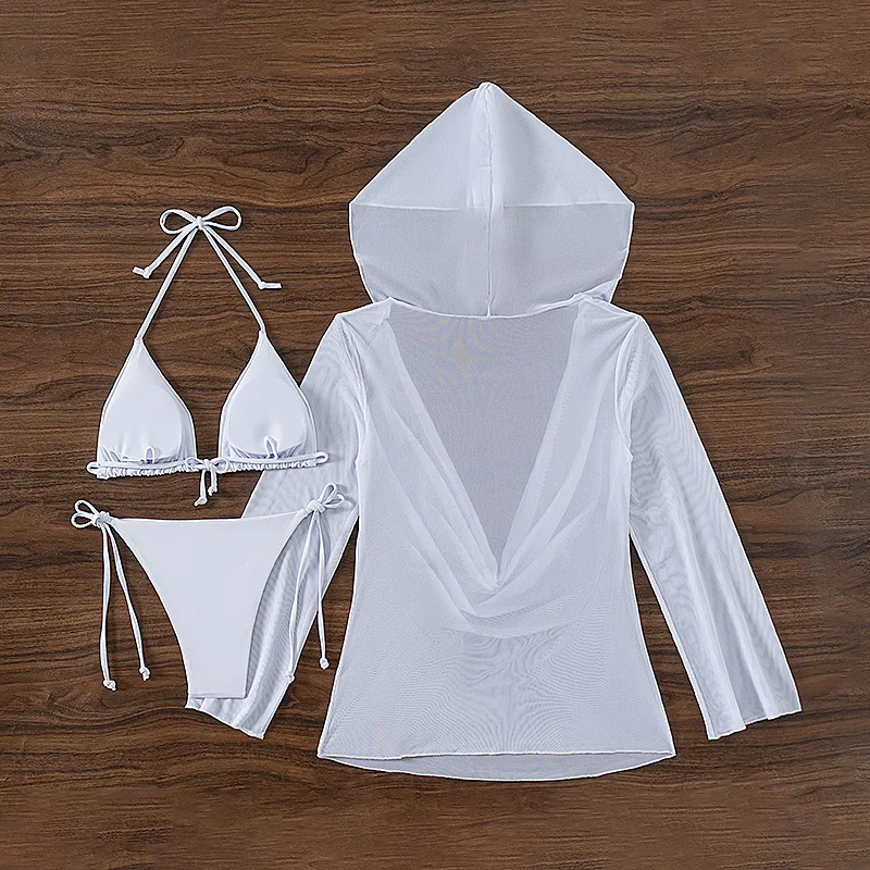 3 шт. однотонные стринги бикини 2024 Женская сетчатая блузка накидка купальник