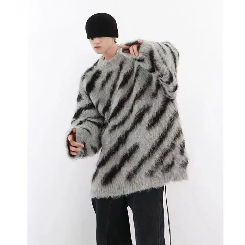 

color Irregular Contrast Zebra Pattern Sweater for Men and Women Autumn and Winter Loose Pullover High street Oversize Sweater