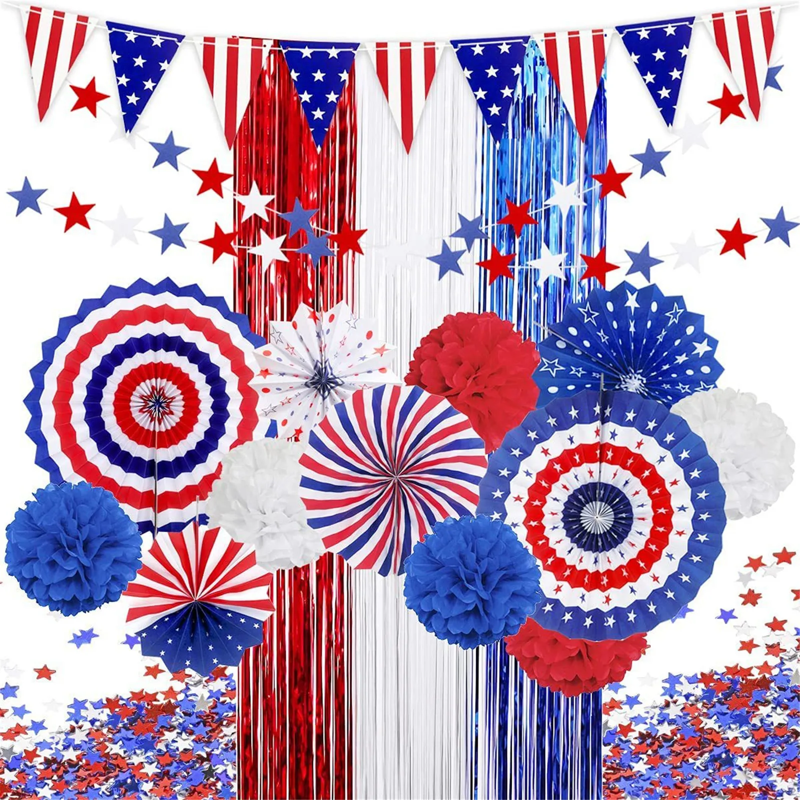 American Flag Paper Fans Patriotic Decoration Set Star Pull Flower Curtain for 4th Of July American National Day Party Decor
