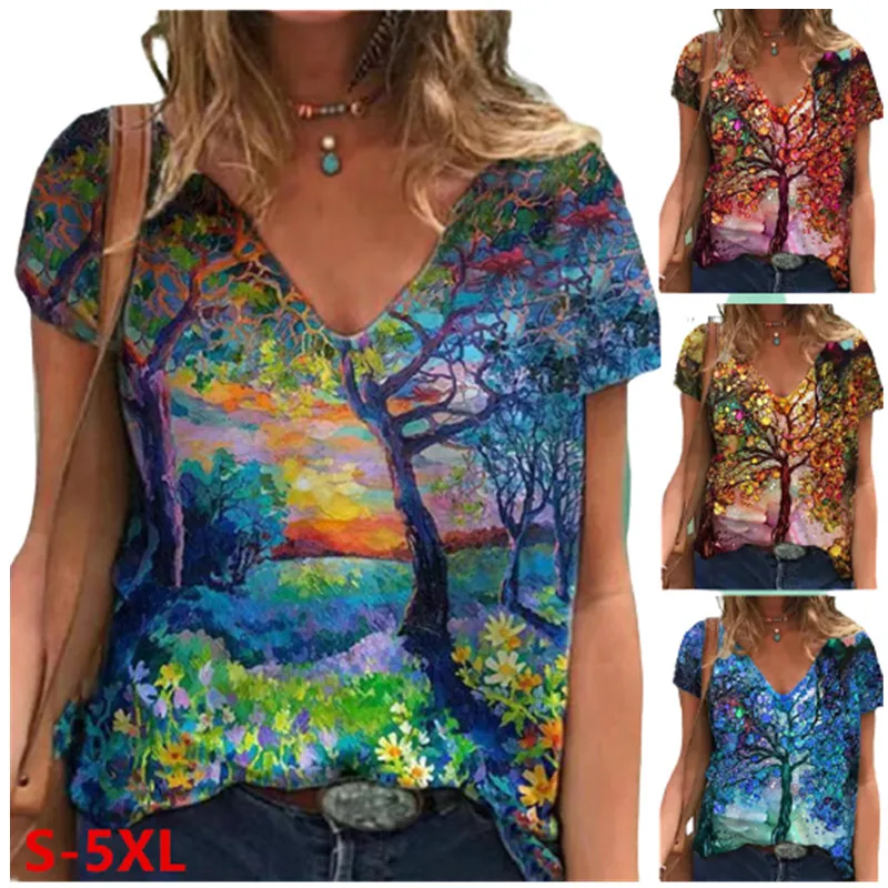 

3D Floral Tree Print T-shirt Women 2022 Tie Dye V-Neck Tops Summer Loose Short Sleeve Casual T-shirt Plus Size 5XL New Clothes