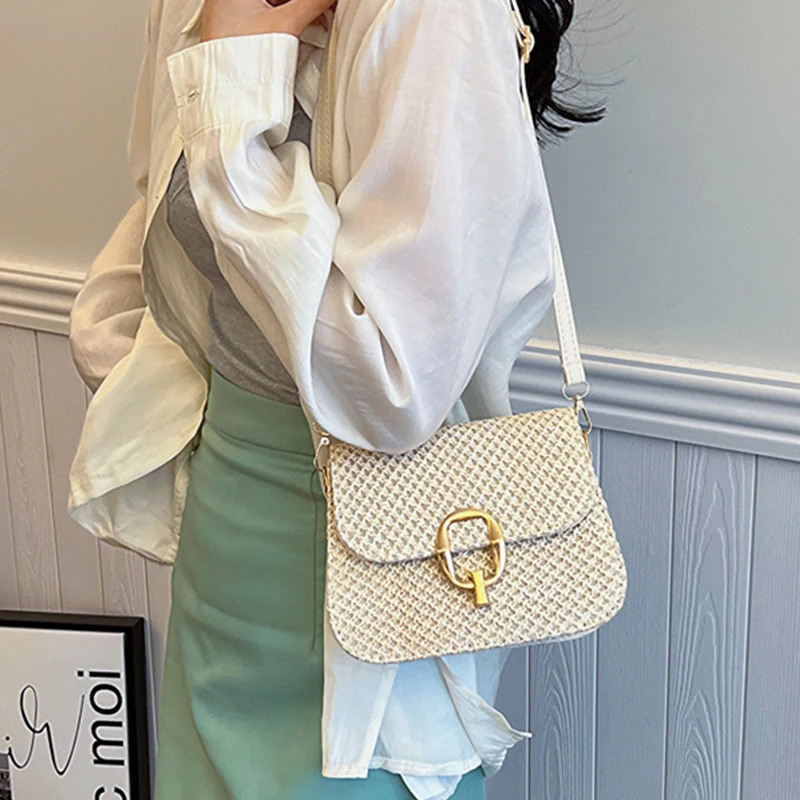 Новая модная сумка с пряжкой и замком летняя пляжная женская соломенная тканая