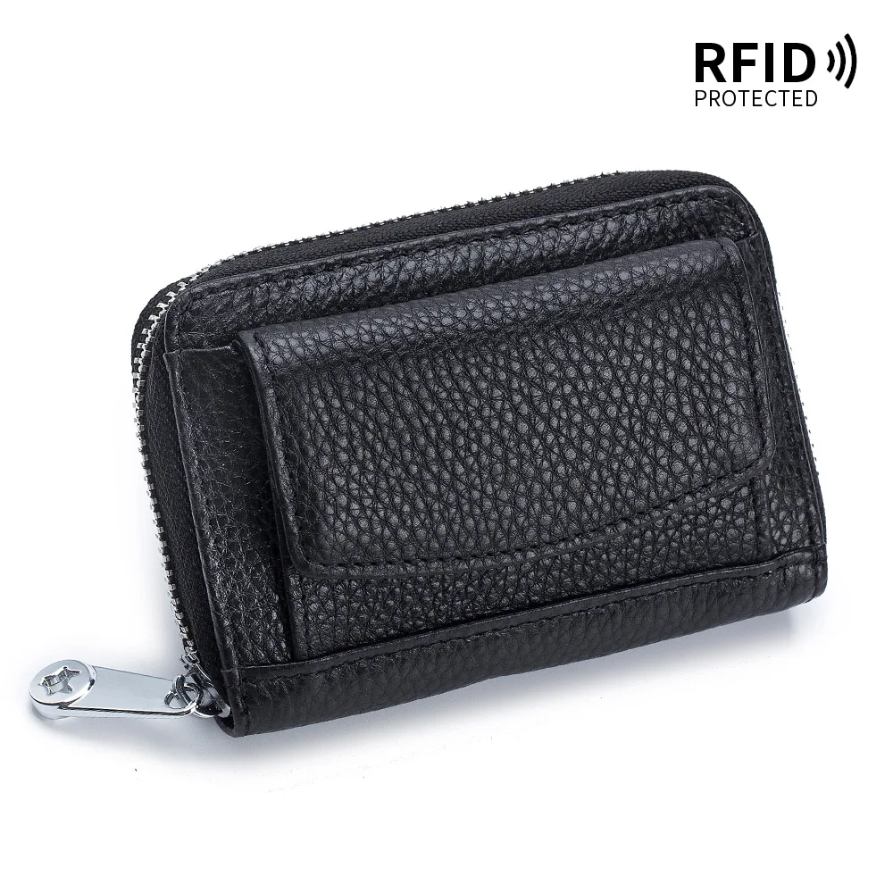 RFID Blocking Unisex Card Holder Genuine Leather Zipper Card Case with Hasp Coin Pocket Women Short Wallet Compact Change Purse