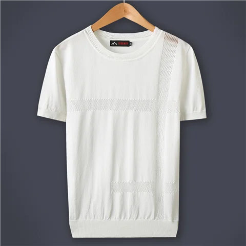 

2022 New Men's Summer Fashion O-neck T-shirt Top Male Solid Color Casual Short-sleeved Ice Silk Knitted Slim Tees B184