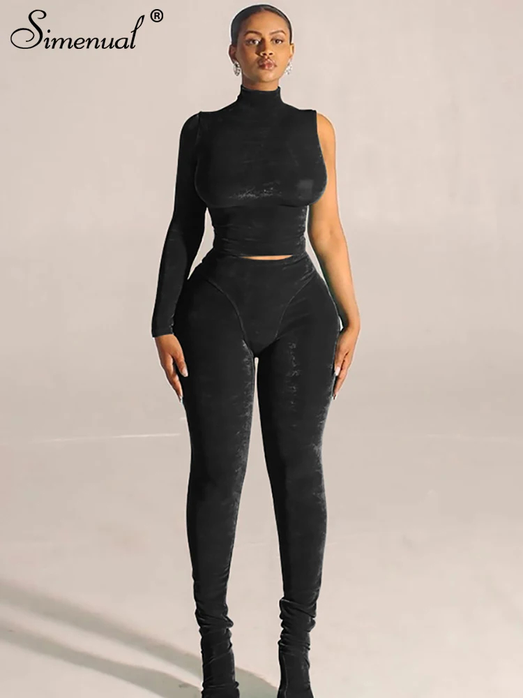 Simenual Autumn Y2k Sexy One Shoulder Trend Turtleneck Slim Crop Top and High Waist Plain Leggings Knitted 2 Pieces Suit Sporty