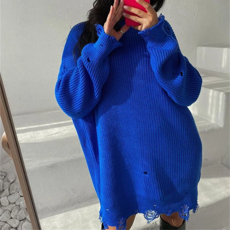 2021 New Hole Sweater Dress Women O Neck Knitted Long Sleeve Autumn Winter Ladies Warm Y2K Oversized Casual Dresses