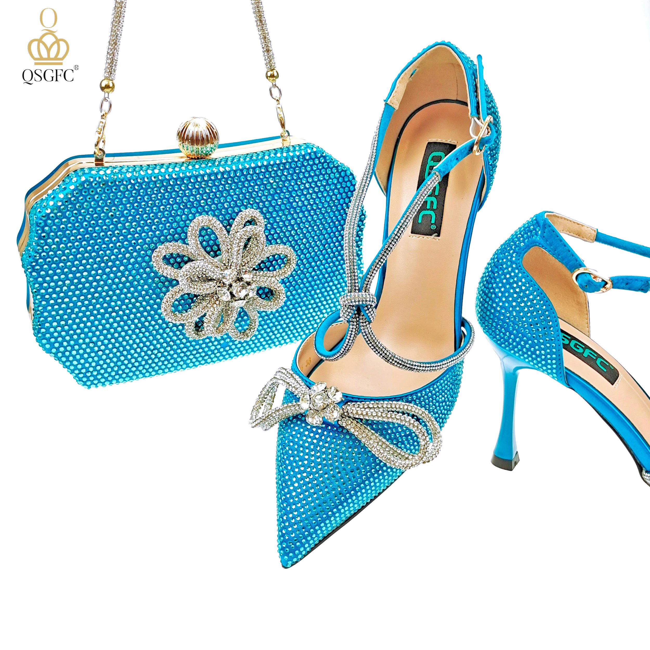 

QSGFC Elegant Design Party Women Shoes and Bag Set Diamond Butterfly Design in Sky Blue Color
