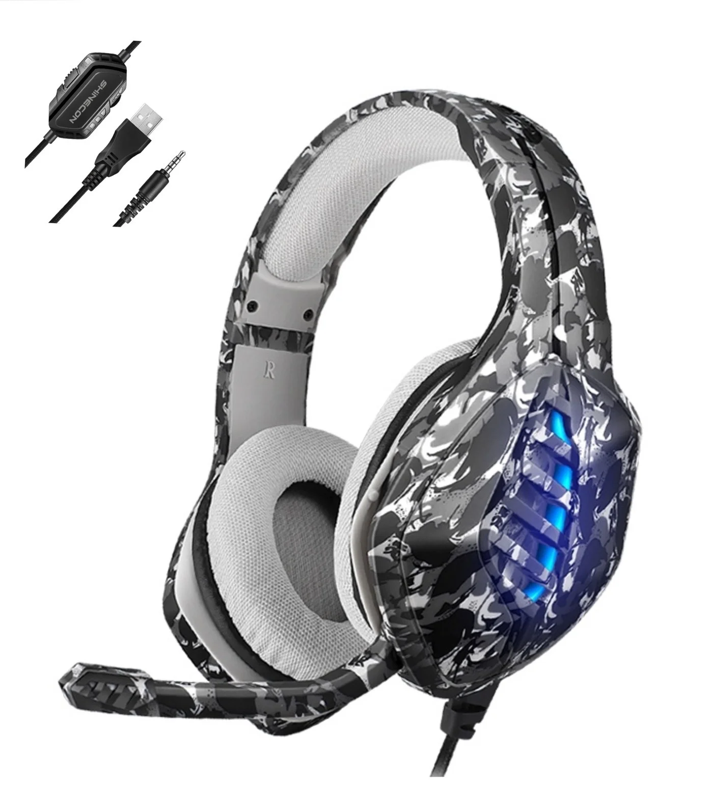 

New camouflage game headphones noise reduction wire controlled E-sports headphones headset computer luminous chicken eating