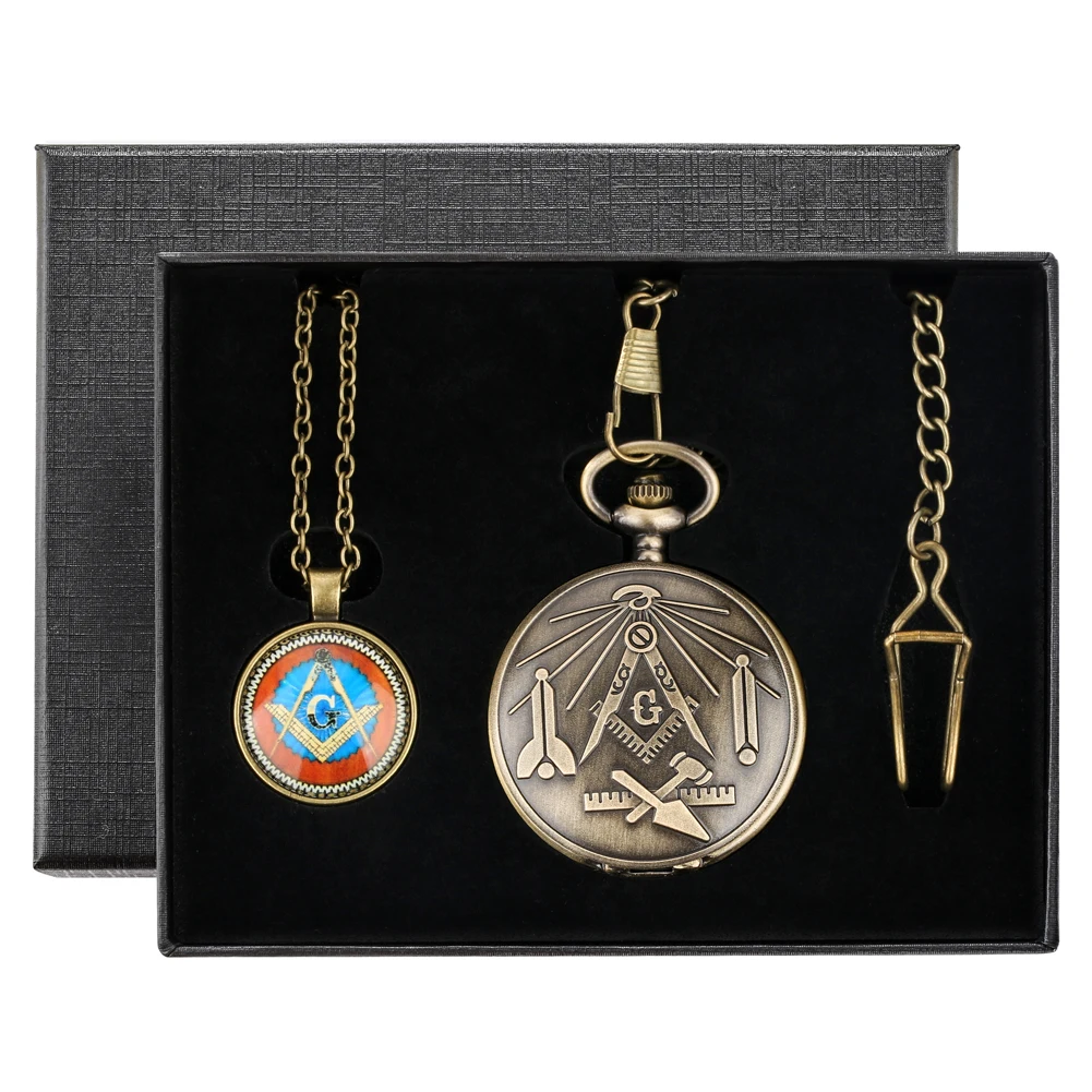 Men's Antique Freemason Chrome Square and Compass Masonic Necklace Pendant Quartz Pocket Watch Best Gifts Set Box for Freemason