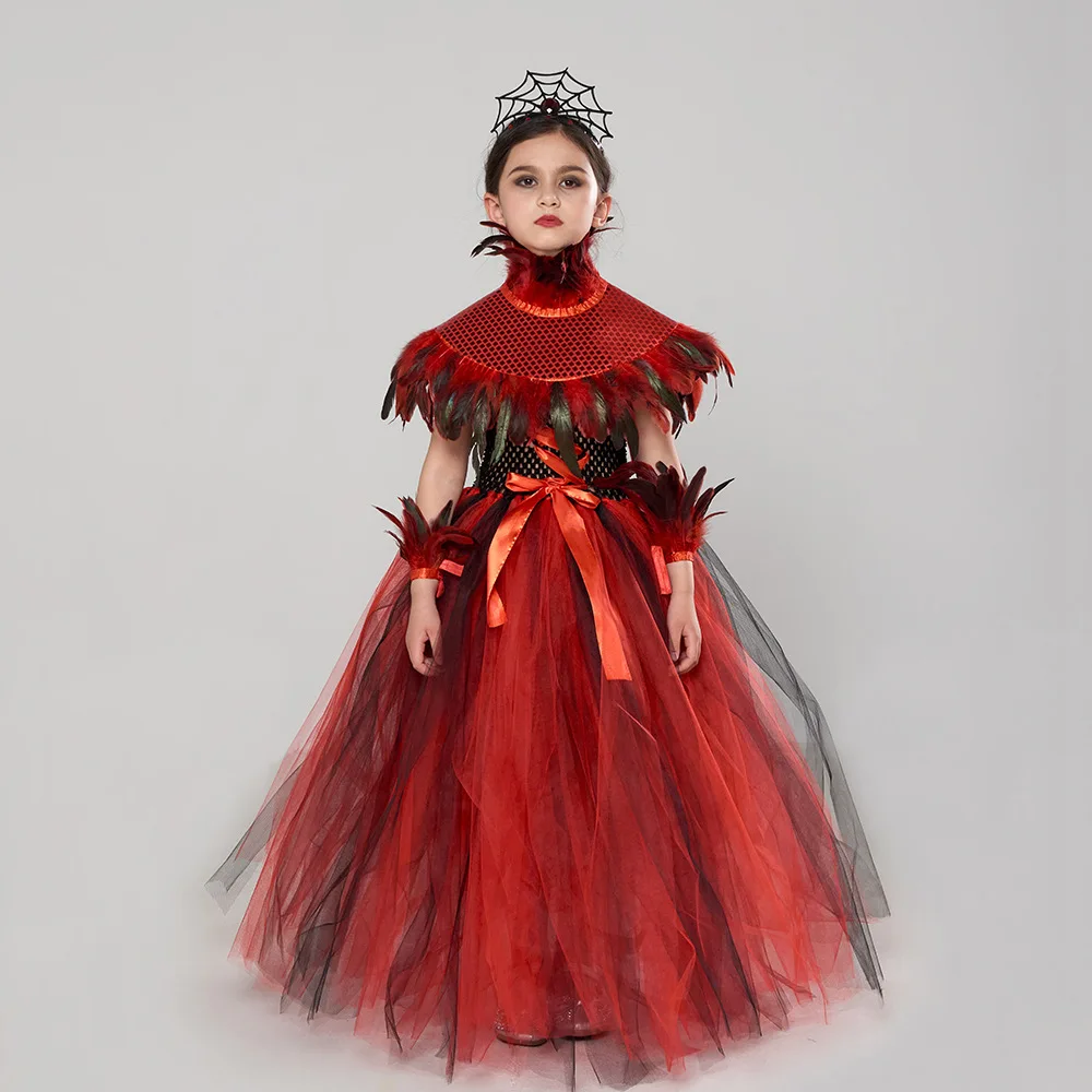Girls Halloween Cosplay Costume Gothic Demon Queen Kids Vampire Role Playing Costume Spider Witch Tutu Long Dress