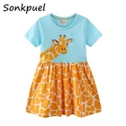 Платье для маленьких девочек, летние хлопковые детские платья с коротким рукавом, женское платье принцессы с синим принтом жирафа, детская одежда