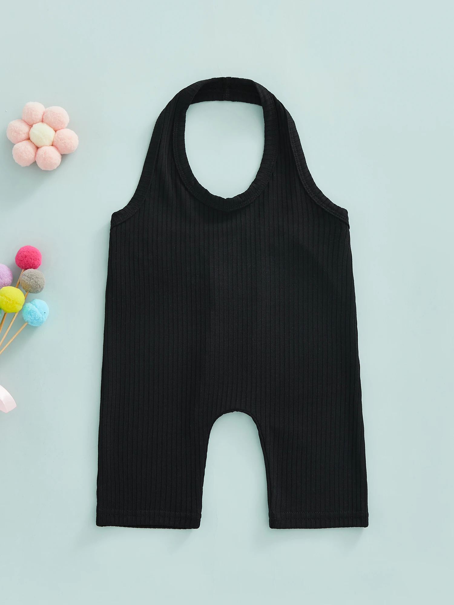 

Adorable Halterneck Backless Jumpsuit for Toddler Girls - Solid Color Slim Fit Short Bodysuit for 2022