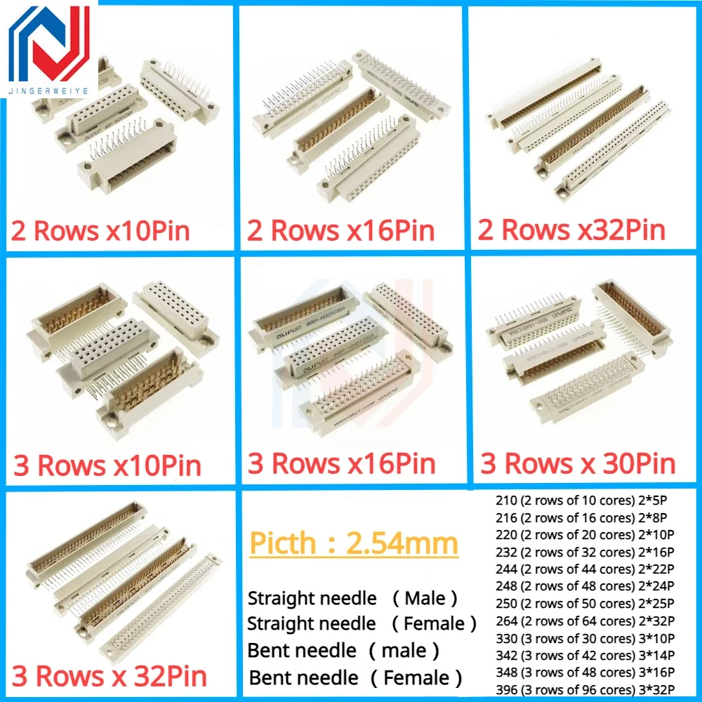 

1Pcs DIN41612 European socket 9001COOA 2.54mm board-to-board connector bent pin straight hole Bent hole straight pin 10P/20P-96P