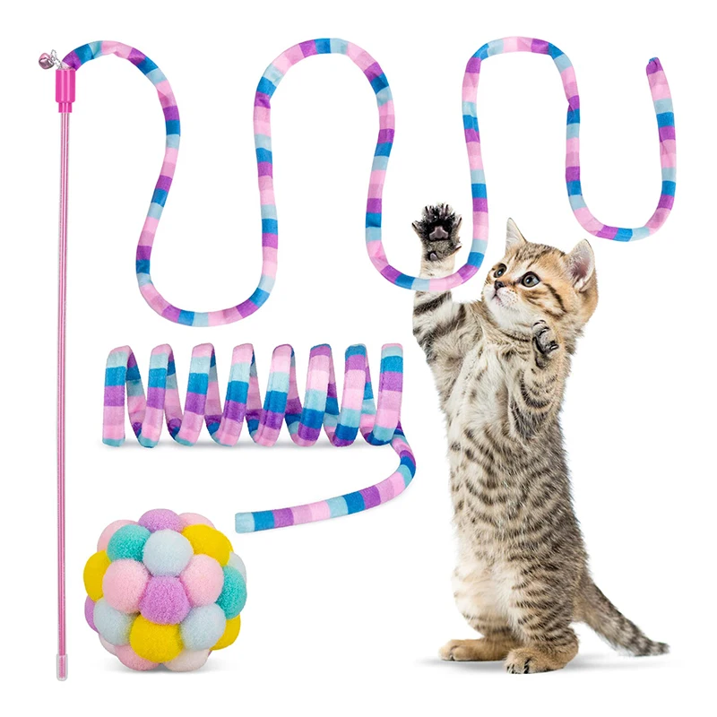 

3pcs Funny Cat Toy Rod Kitten Cat Pet Toy Stick Teaser Rainbow Streamer Interactive Cat Play Wand With Bells and Cat Springs